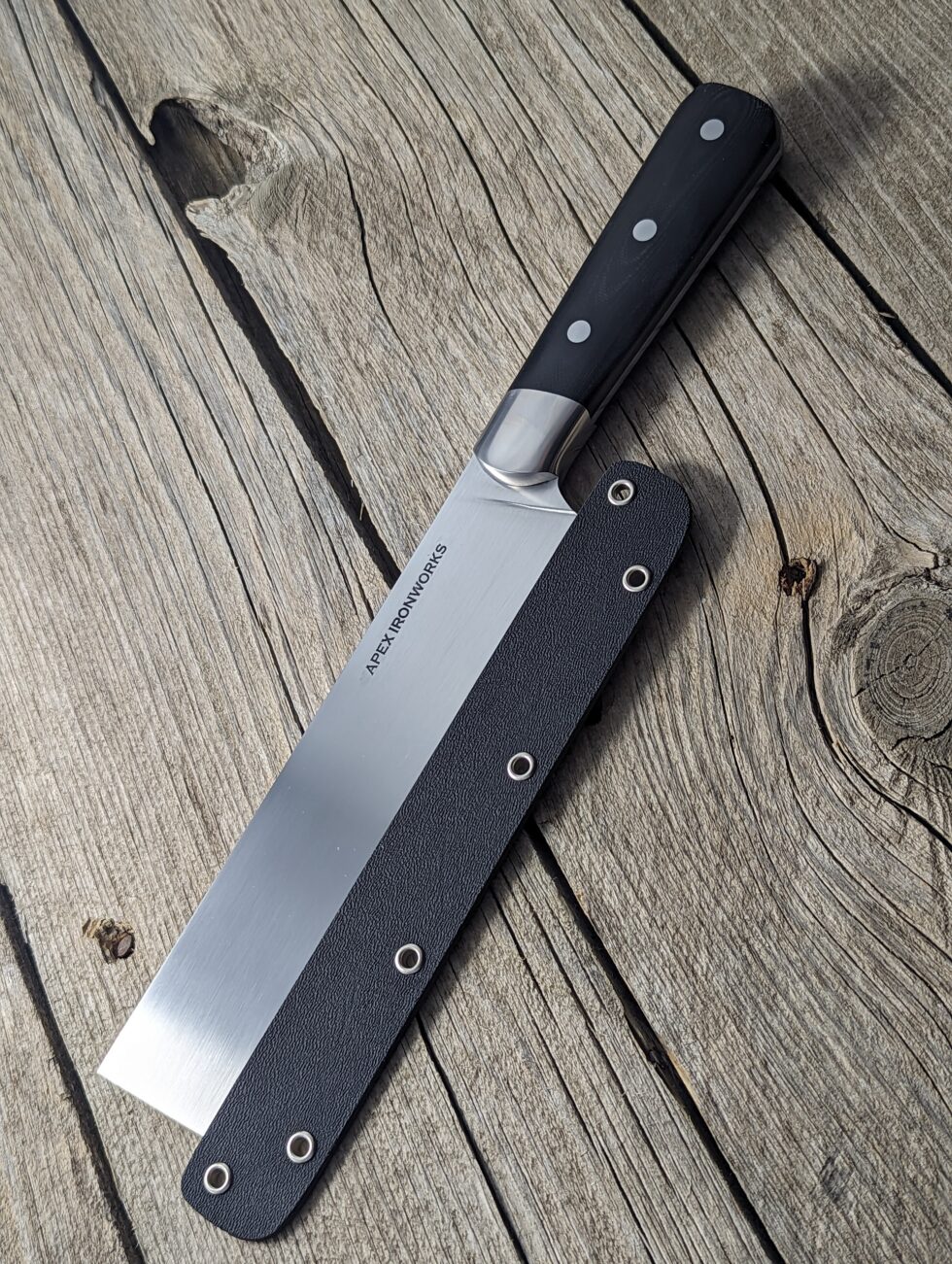nakiri chef knife by Apex Steel Works with kydex blade cover