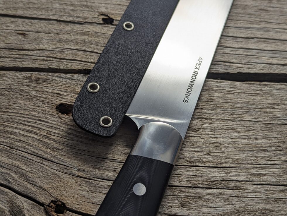 nakiri chef knife by Apex Steel Works with kydex blade cover